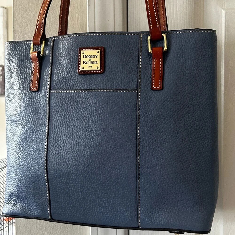 Dooney & Bourke Slate Blue Pebbled Leather Tote with Brown Handles - Picture 1 of 6